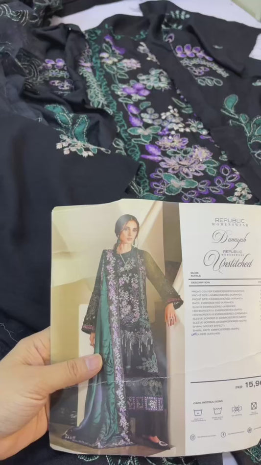 Republic karandi Embroidered Suit/ 3pcs / khush Libass